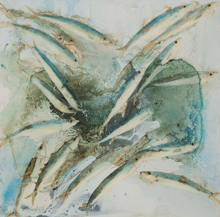 Painting acrylic on canvas, mixed media, shoal of fish against water background, 35.43ins x 35.43ins, 90cms x 90cms, by Catherine Forshall