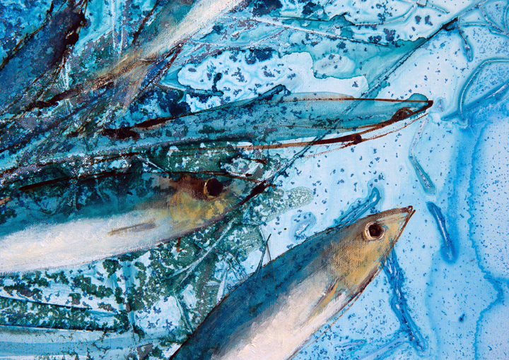 Two Sardines against a blue background, acrylic on canvas, painting by Catherine Forshall
